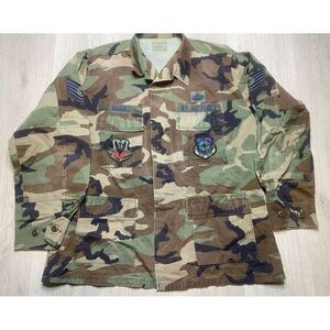 Vintage 80s‎ US Military Jacket BDU Woodland Camo Large Air Force Patches Blouse